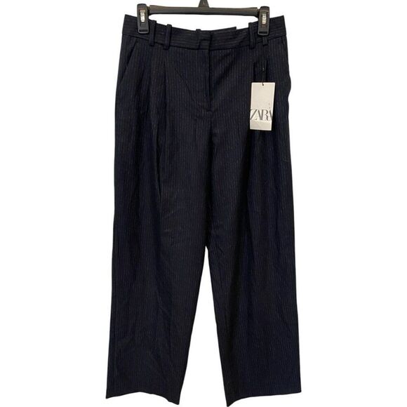 Zara Womens Dress Pants Size S Navy Blue Straight Leg Pinstripe 2330/530 NWT - Picture 2 of 10